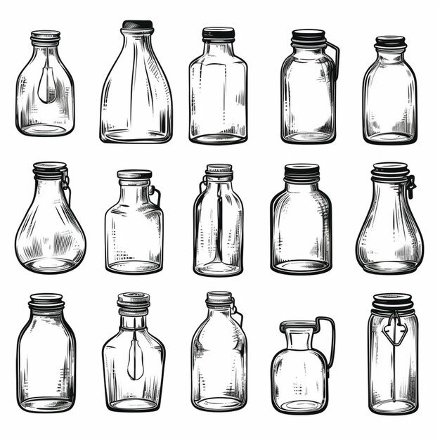 een set met de hand getekende glazen flessen met verschillende vormen en maten generatieve ai