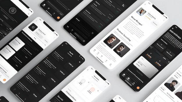 Een set mobiele gebruikersinterface-schermen met een donker thema De schermen omvatten een startscherm een berichten-app een kalender-app en een muziekspeler-app