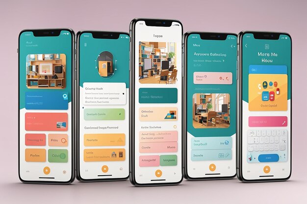 een set mockups van smartphones voor een platform voor het leren van talen met apparaten in verschillende oriëntaties met aanpasbare taallessen en quizzen op de schermen