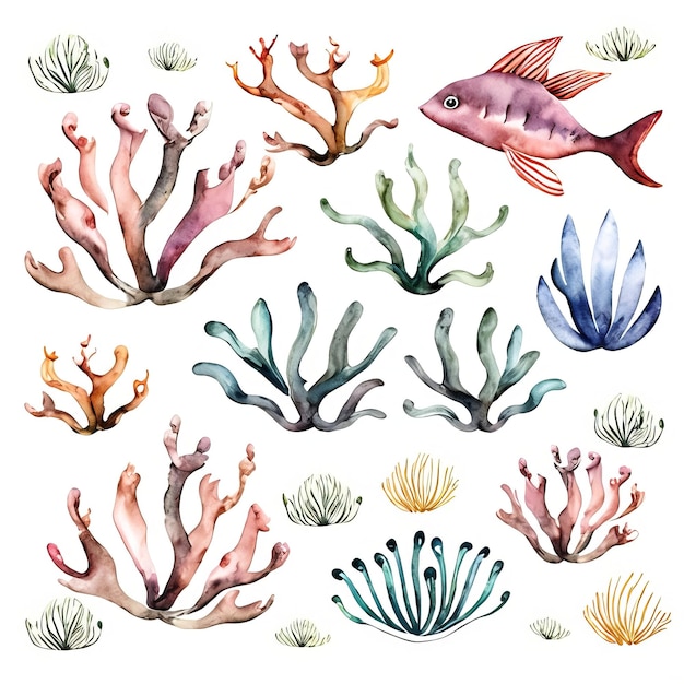 Een set onderwaterplanten en koralen