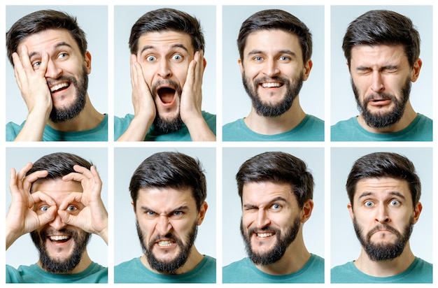 Een set portretten van jonge mannen met verschillende emoties.