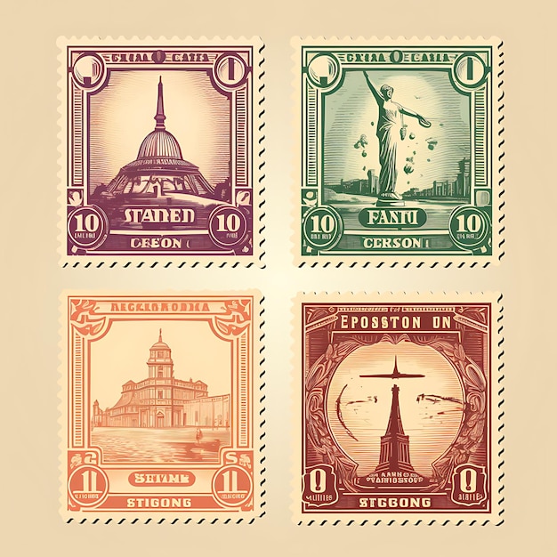 Een set postzegel 2D-ontwerp met vintage stijl frame Vector creatieve platte kleurlabel verpakking