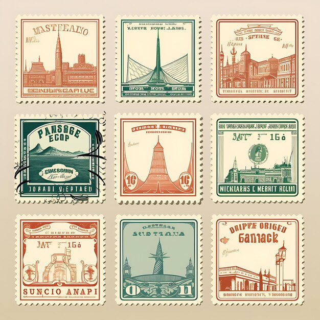 Een set postzegel 2D-ontwerp met vintage stijl frame Vector creatieve platte kleurlabel verpakking