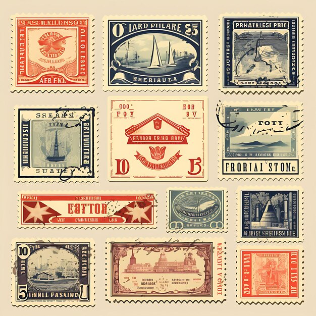 Een set postzegel 2d-ontwerp met vintage stijl frame vector creatieve platte kleurlabel verpakking