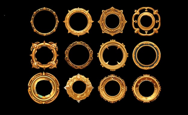 Een set ronde spelframes van de gebruikersinterface getextureerde cirkels gemaakt van zilver goud metalIsolated op achtergrond Cartoon vector illustratie