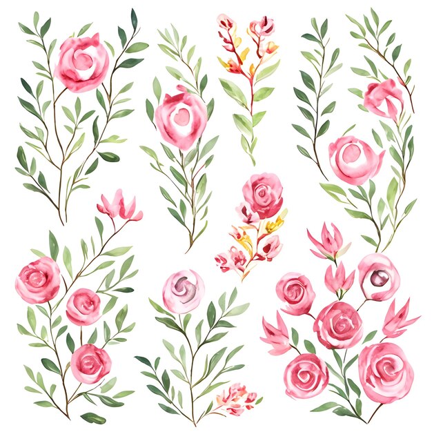 Foto een set roze bloemen met groene bladeren en bloemen