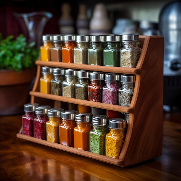 Een set specerijen en kruiden in potten op een houten plank op de tafel AI gegenereerd