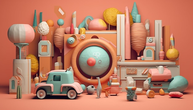 Een set speelgoed en objecten die op de achtergrond zitten in de stijl van grafisch ontwerp inspireren