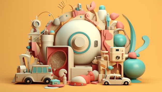 Foto een set speelgoed en objecten die op de achtergrond zitten in de stijl van grafisch ontwerp inspireren