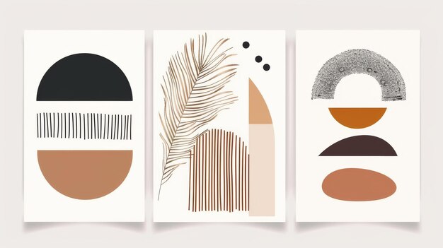 Een set van abstracte hedendaagse mid-century posters met geometrische vormen Deze set kan worden gebruikt als behang, achtergrond, wanddecor, covers, afdrukken, kaarten of branding Moderne boho minimalisme kunst