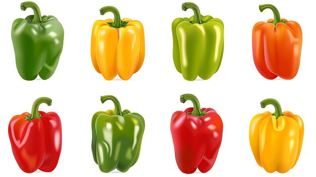 Een set van acht realistische vector pepers in verschillende kleuren de pepers zijn groen geel oranje en rood