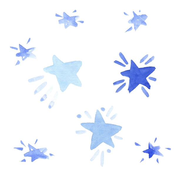 Een set van blauwe glanzende aquarel sterren Aquarel illustratie isolaat