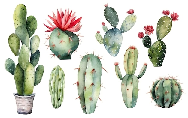 Een set van cactus aquarel illustraties.