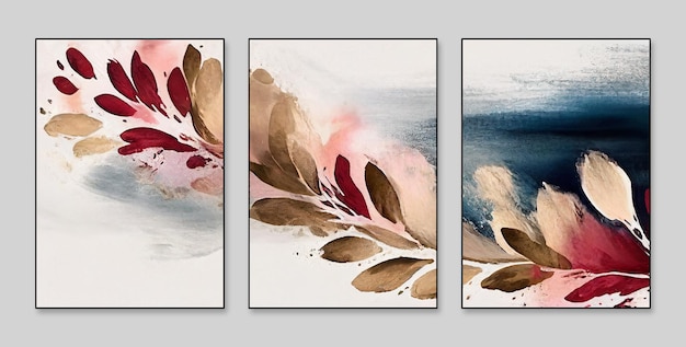 Foto een set van drie abstracte kunstschilderijen met bladeren en een blauwe lucht.