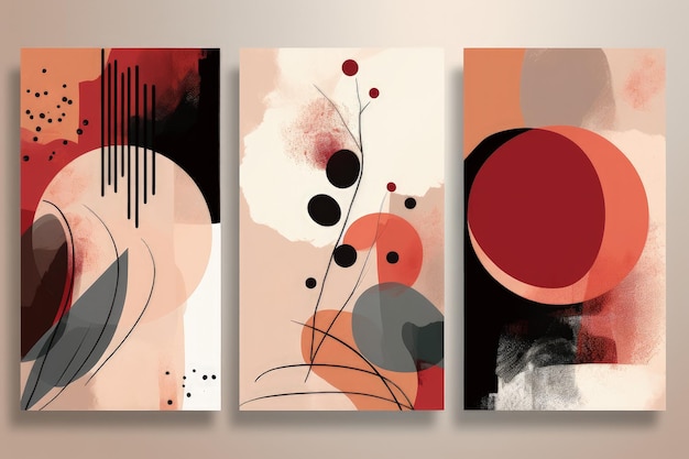 Foto een set van drie abstracte schilderijen op een muur generatieve ai