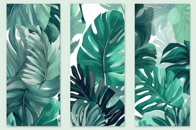 Een set van drie groene tropische bladeren op een witte achtergrond generatieve AI