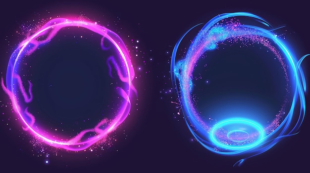 Een set van flare ronde en swirl trail lijnen met vliegende heldere glitter deeltjes vergezeld van magische licht cirkels en spiraalvormige neon elementen