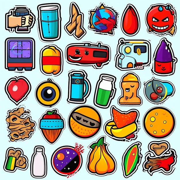 Foto een set van kleine vinyl stickers pop-art stijl populaire objecten