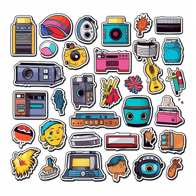 Een set van kleine vinyl stickers pop-art stijl populaire objecten