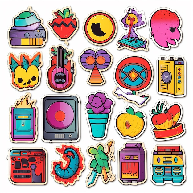 Een set van kleine vinyl stickers pop-art stijl populaire objecten