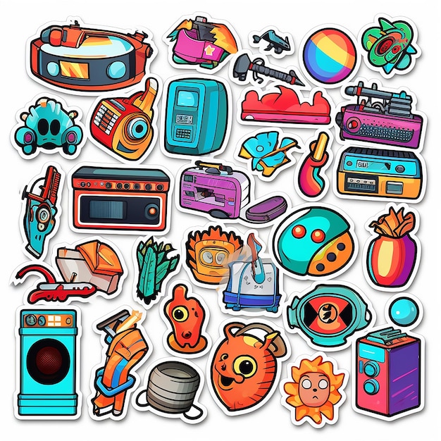 Een set van kleine vinyl stickers pop-art stijl populaire objecten