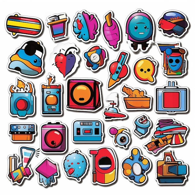 Een set van kleine vinyl stickers pop-art stijl populaire objecten