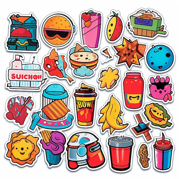 Een set van kleine vinyl stickers pop-art stijl populaire objecten