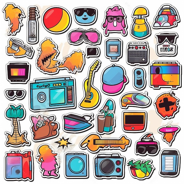 Een set van kleine vinyl stickers pop-art stijl populaire objecten