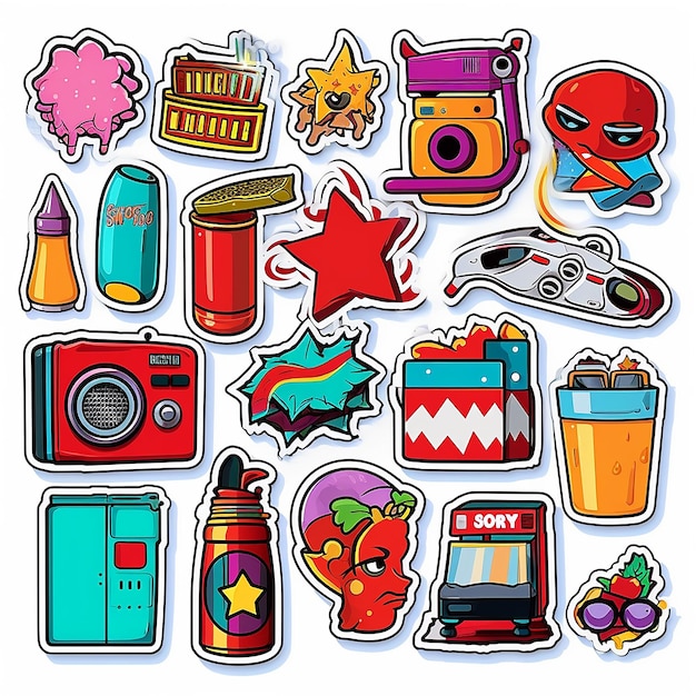 Een set van kleine vinyl stickers pop-art stijl populaire objecten