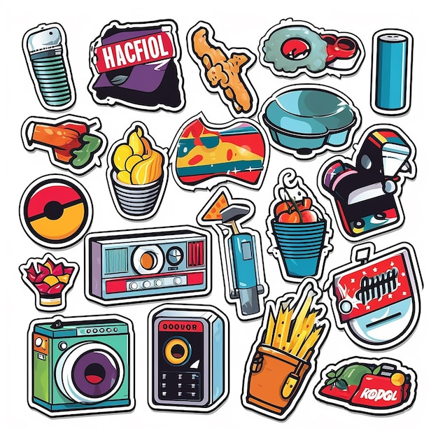 Foto een set van kleine vinyl stickers pop-art stijl populaire objecten