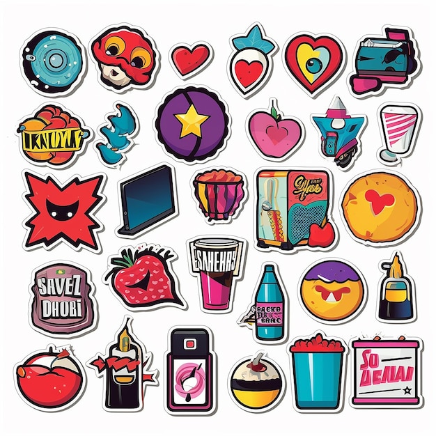 Een set van kleine vinyl stickers pop-art stijl populaire objecten