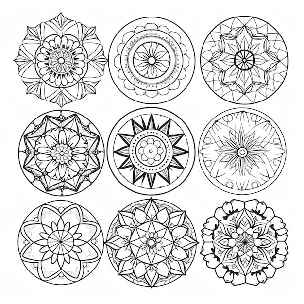 Foto een set van negen cirkelvormige ontwerpen met bloemen erin generatieve ai