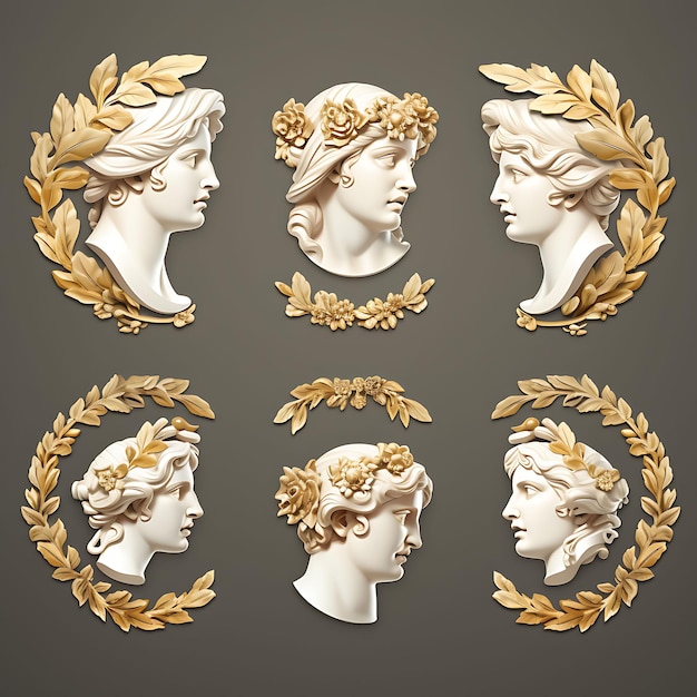 Een set van Romeinse keizerlijke buste ontwerp profiel silhouet vorm marmer M plat 2D creatieve clipart