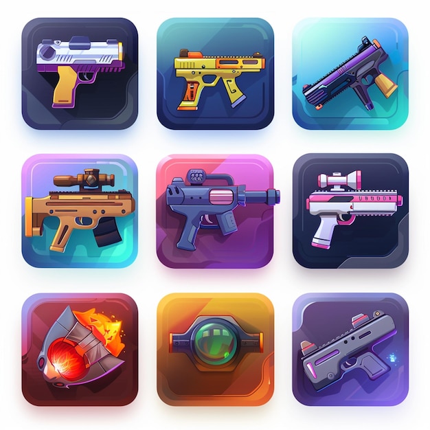 een set van verschillende geweren en een blauwe en paarse achtergrond