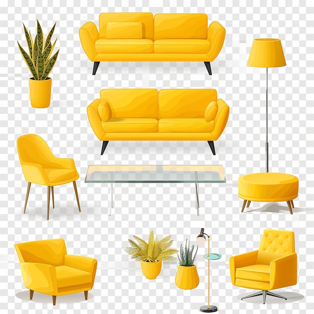 een set van verschillende oranje meubels, waaronder een gele bank, een tafel en een lamp