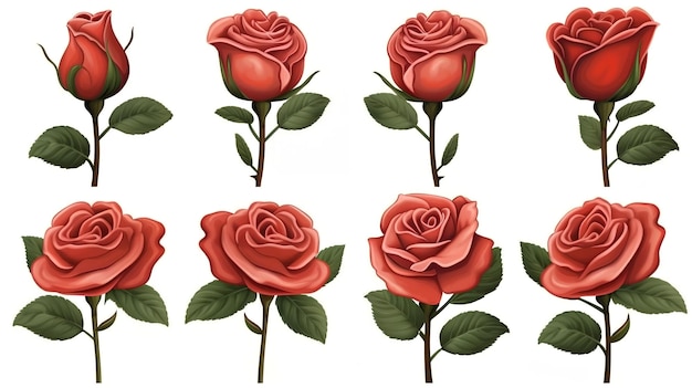 Een set van verschillende rozen op een witte achtergrond.