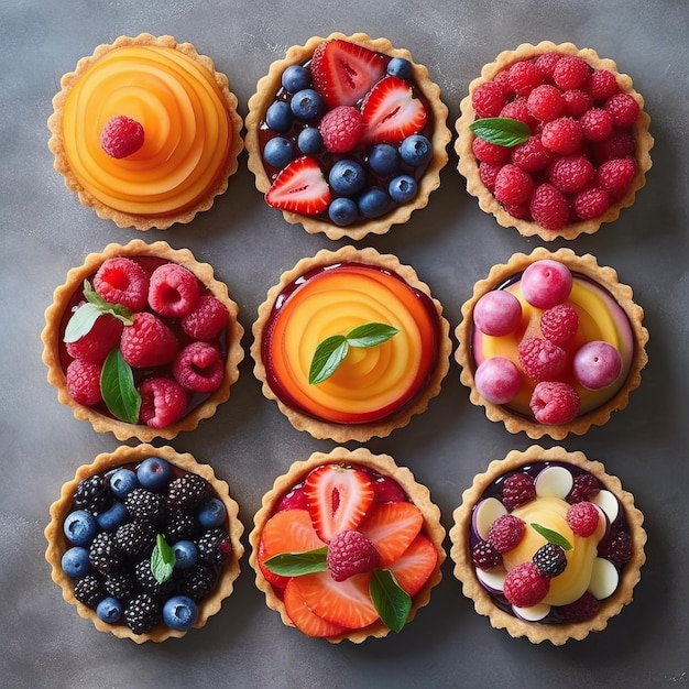 Een set van verschillende taartjes met bessen en exotisch fruit Generatieve AI