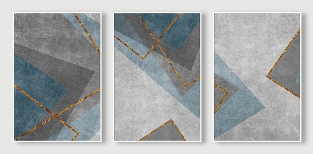 Een set van vier abstracte kunstschilderijen met gouden en blauwe lijnen.