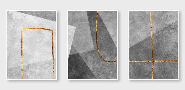 Een set van vier abstracte kunstschilderijen met gouden lijnen.