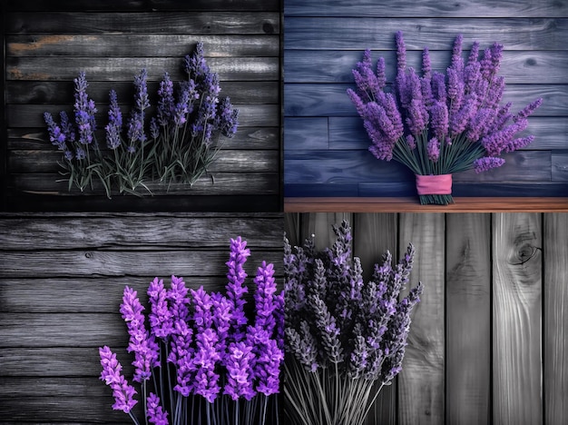 een set van vier afbeeldingen van een boeket lavendel op een houten achtergrond