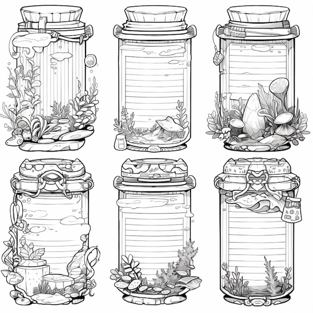 een set van vier glazen potten met verschillende soorten vis generatieve ai