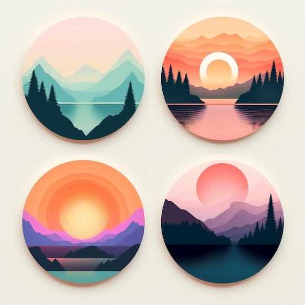 Een set van vier illustraties voor een landschap met bergen en bomen.