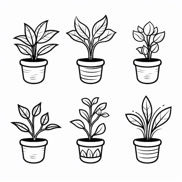 een set van vier potplanten met bladeren op hen generatieve ai