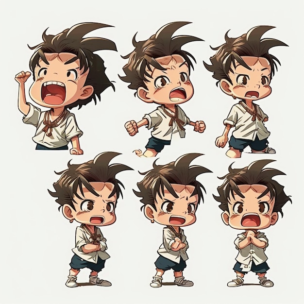 Een set van zes anime-personages met verschillende uitdrukkingen.