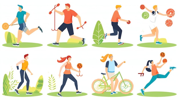 Foto een set vectorillustraties van mensen die verschillende sporten en activiteiten beoefenen