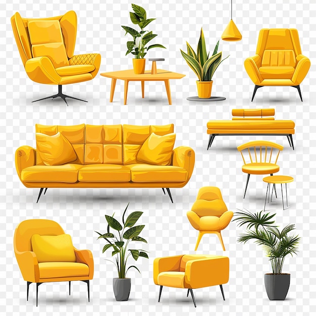 een set verschillende gele meubels, waaronder een set oranje stoelen