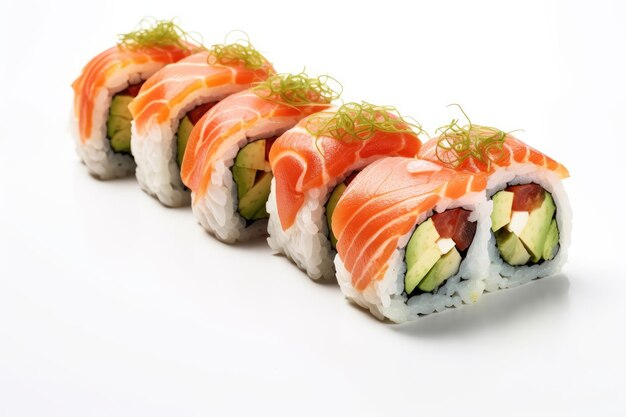 Een set verse sushi rolt met zalm avocado Japanse sushi op witte achtergrond