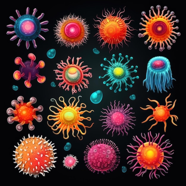 Foto een set virus- en bacteriestickers. het zonnelogo glimlach gezicht goed humeur brutalisme modern design