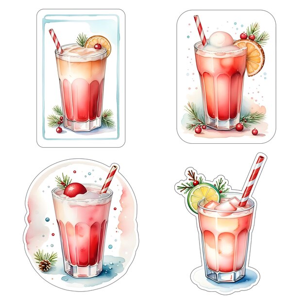 Foto een set waterverf stickers met kerstdrankjes