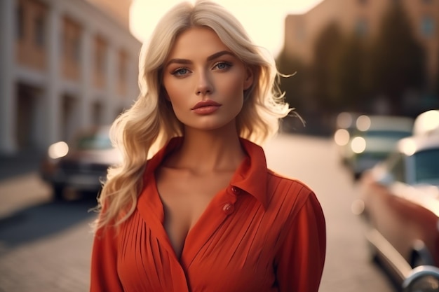 Een sexy blond meisje met lang haar staat op het strand in de buurt van een luxe retro auto. Reizen naar nieuwe landen vakantie hete tijd